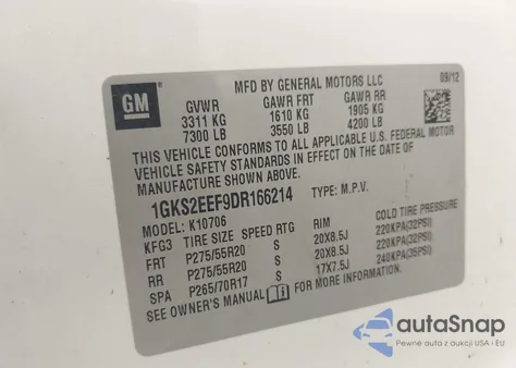 2013 GMC Yukon Denali z USA, uszkodzony, nr VIN 1GKS2EEF9DR166214